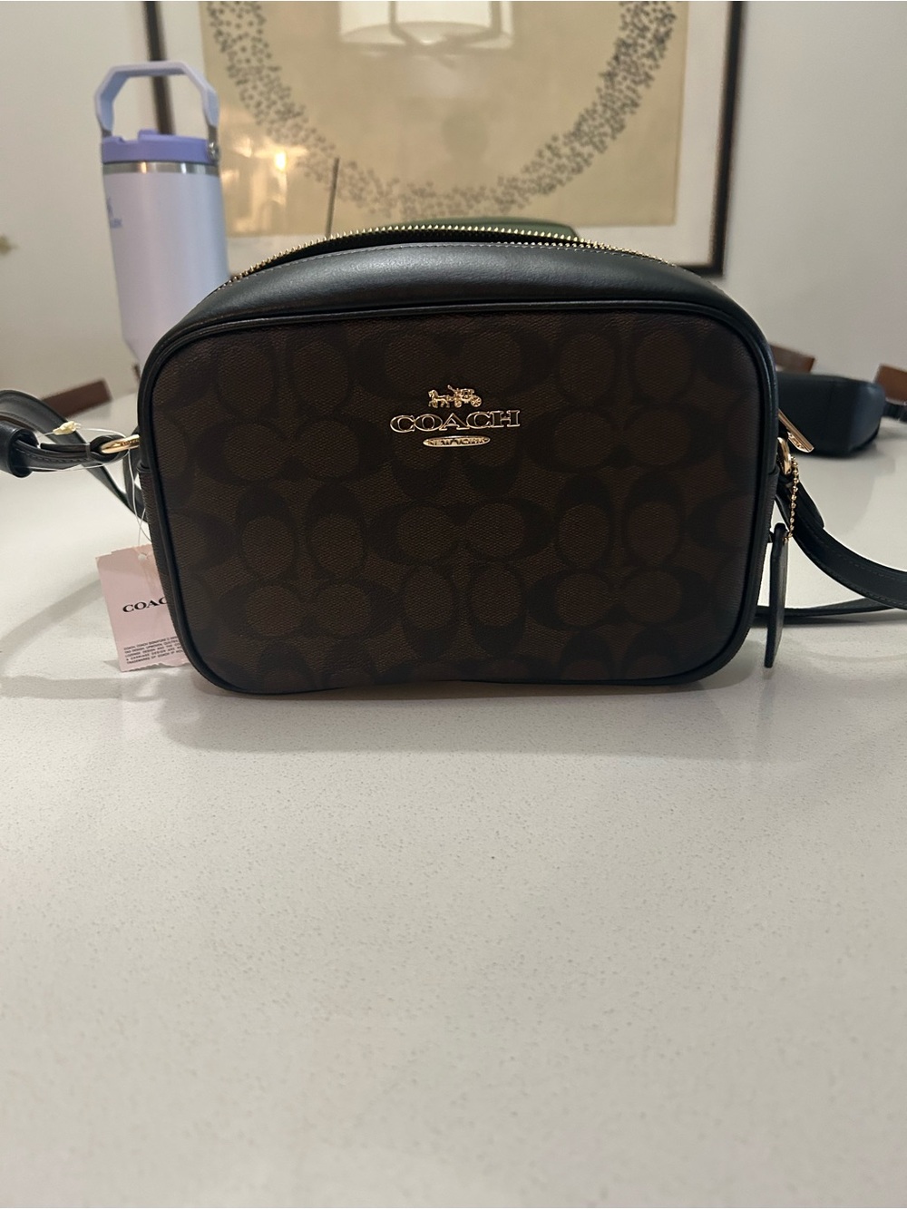 Coach Brown Signature Canvas Crossbody with Black Trim